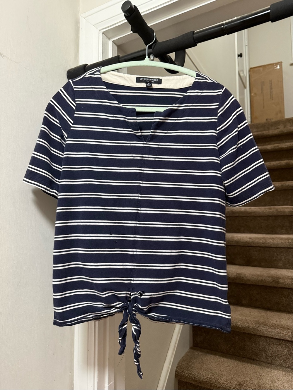 Jones New York Navy and White Striped Tie-Front Crop Top